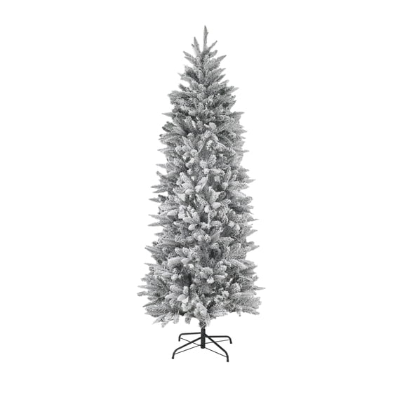 HomeStock 7ft Whispering Flocked Fir SlimPre-Lit Christmas Tree, Snow-Capped Artificial Christmas Tree with 250 String Lights