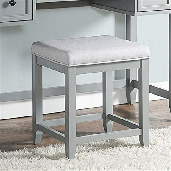 Vanity Stool - Antique Grey Upholstered Seat - Vintage Dressing Table Stool - Bedroom Accent Furniture