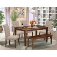 thumbnail image 1 of HomeStock Renaissance Rhapsody 6Pc Dining Set Includes A Rectangle Dining Table, Four Parson Chairs With Light Fawn Fabric And A Bench, Mahogany Finish, 1 of 6