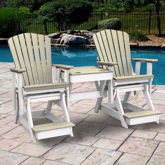 HomeStock Antique Appeal Double Balcony Height Glider with Center Table in Weatherwood and White