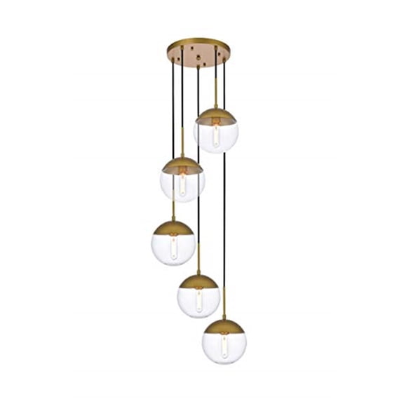 Brass Pendant Light - 5 Light Antique Eclipse Chandelier with Clear Glass Shades