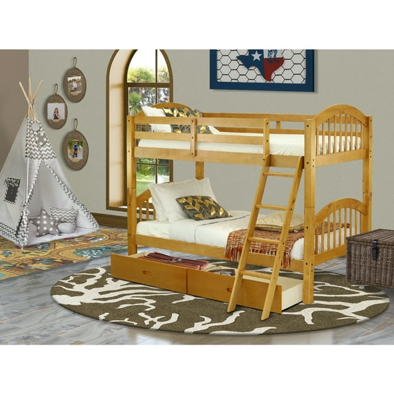 HomeStock Antique Hardwood Bunk Beds Twin Over Twin With Two Drawers And 4-Step Ladder, Oak Finish.