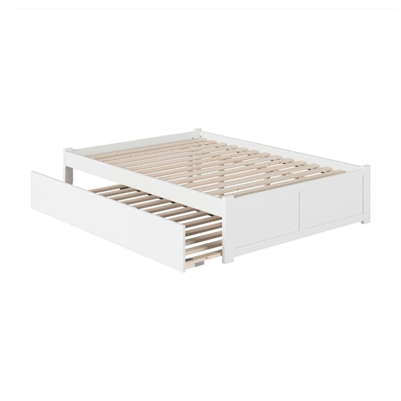 King Size Wood Platform Bed with Trundle - White Minimalist Design, Slat Kit Included