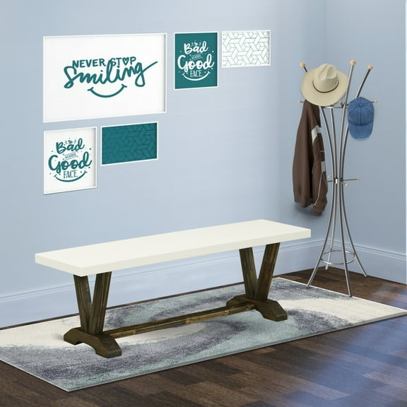 Antique Dining Bench - 60" Farmhouse Bench, Linen White Top, Distressed Espresso Legs, Entryway Seating