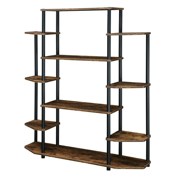 HomeStock Antique No Tools Book Shelf - Contemporary Storage Shelves for Display, 10 Spacious Shelves for Living Room, Office, Barnwood/Black Poles, Wall Unit Bookshelf