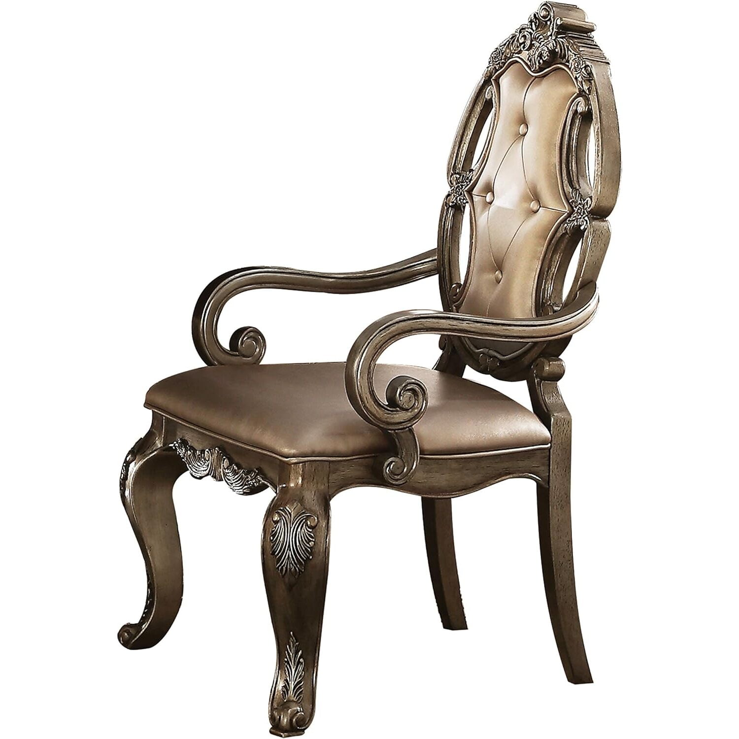 Elegant Brown Leather Button Tufted Arm Chair with Carved Wood Accents