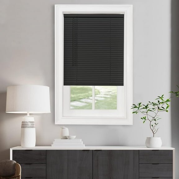 HomeStock Art Deco Dreams 1" Light Filtering Mini Blind 58"W x 48"H - Cordless, PVC, Tilt Wand, Pet-Safe, Black Finish, Hidden Brackets, Easy Installation Hardware
