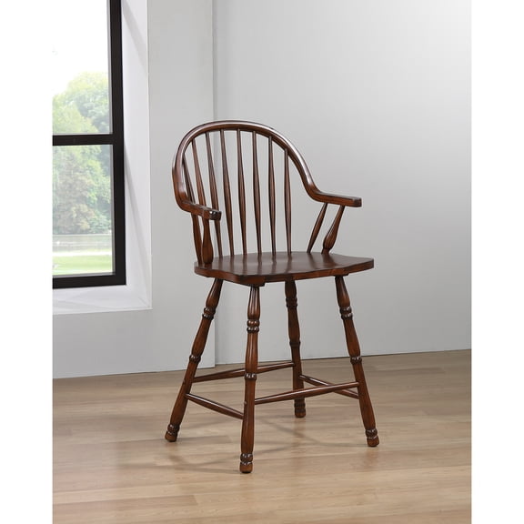 Barstools Set of 2 - 24" Art Deco Style - Comfort Armrests - Distressed Brown Finish - Kitchen Counter Stools