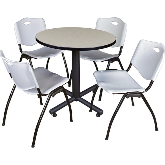 HomeStock Art Deco Dreams 30" Round Breakroom Table- Maple & 4 'M' Stack Chairs- Grey, Ideal for Cafeterias, Dining, and Office Spaces