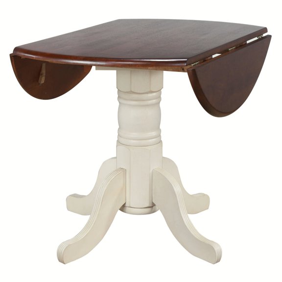Round Extendable Dining Table 42" Art Deco StyleDrop Leaf Table Seats 4Antique White & Brown Finish