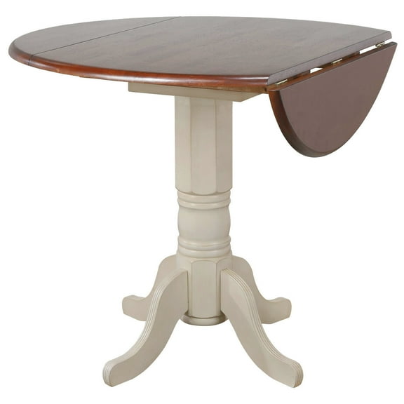 Round Extendable Drop Leaf Table - 42" Pub Table, Antique White & Chestnut Brown, Seats 4