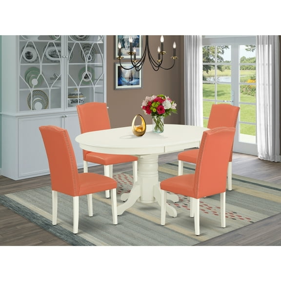 Art Deco Dining Set 5Pc Oval Table & 4 Chairs - Pink Flamingo Linen White Legs