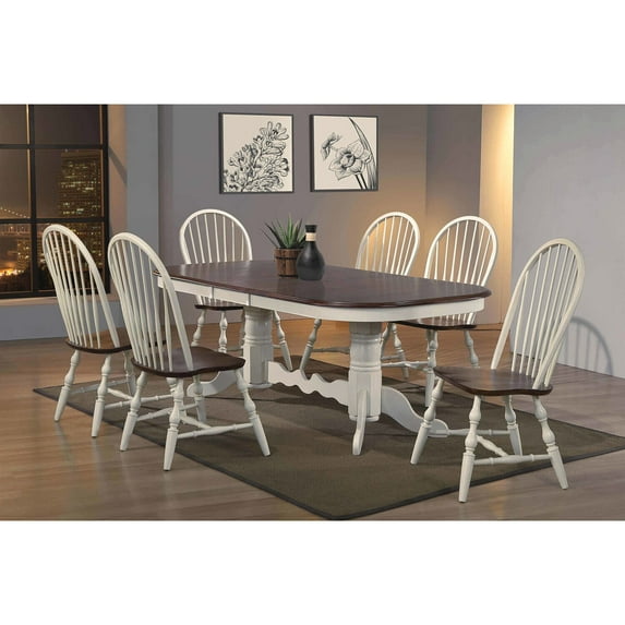 HomeStock Art Deco Dreams 7 Piece 96" Oval Double Pedestal Extendable Dining Set, Butterfly Leaf Table , Antique White And Chestnut Brown , Seats 10