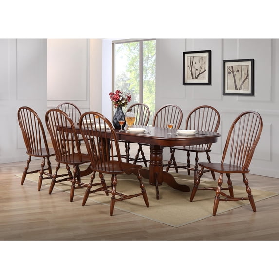 Extendable Dining Set, Oval Pedestal Table, Seats 10, Rustic Traditional Style