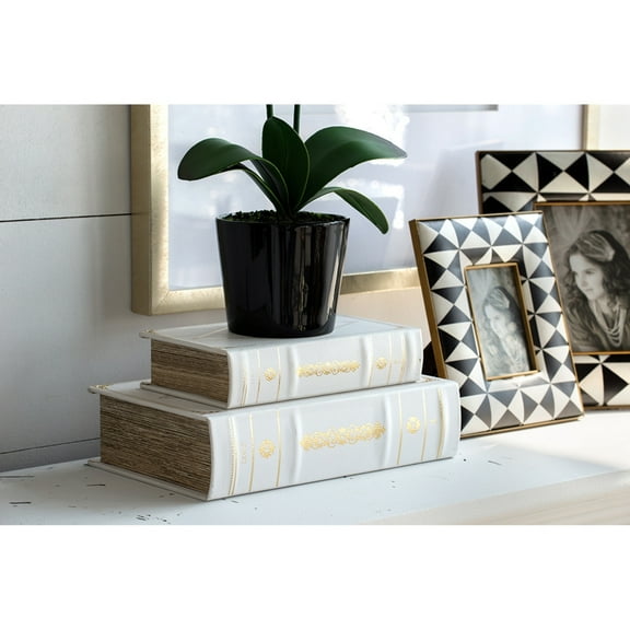 HomeStock Art Deco Dreams Book Boxes - Set of 2, White & Gold - Faux Leather with 'French Traditions' Title, Perfect for Stealth Storage & Decorative Display
