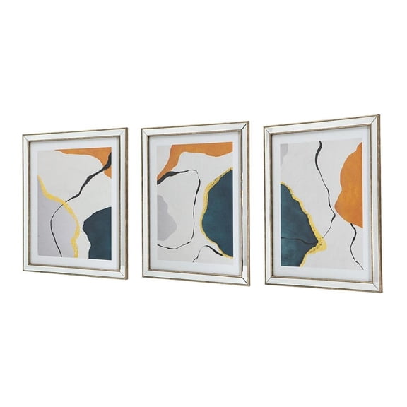 HomeStock Art Deco Dreams Modern Abstract Framed Under Glass Wall Art Set of 3 - Blue/Orange Design with 22 x 26 Inch Mirror Frame - 0.6 L x 22 W x 26 H Inches