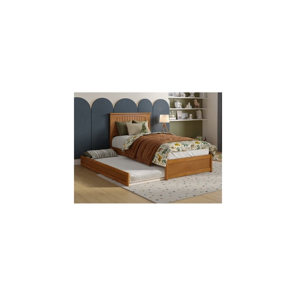 HomeStock Art Deco Dreams Twin Platform Bed with Panel Footboard and Twin Trundle in Light Toffee, Timeless Platform Bed with Beadboard Headboard and Hidden Trundle for Extra Space