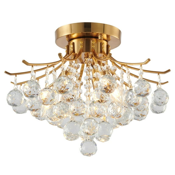Brass Metal Semi Flush Mount Ceiling Light with Crystal Accents - 16" Diameter