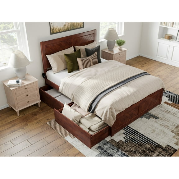 HomeStock Art Nouveau Allure Platform Bed with Matching Footboard & Storage Drawers in Walnut
