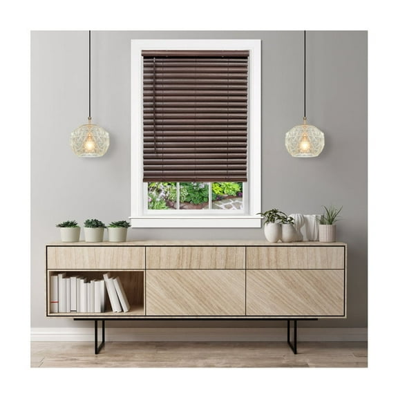 HomeStock Art Nouveau Allure Vinyl Blind 43x64 - Mahogany, Light Filtering 2 Inch Slats, Cordless Operation, Tilt Wand Control, Includes Matching Valance and Sturdy Metal Brackets