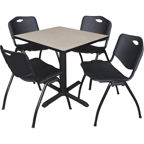 HomeStock Artisanal Abode 30" Square Breakroom Table- Maple & 4 'M' Stack Chairs- Black, Ideal for Cafeterias, Dining, and Office Spaces