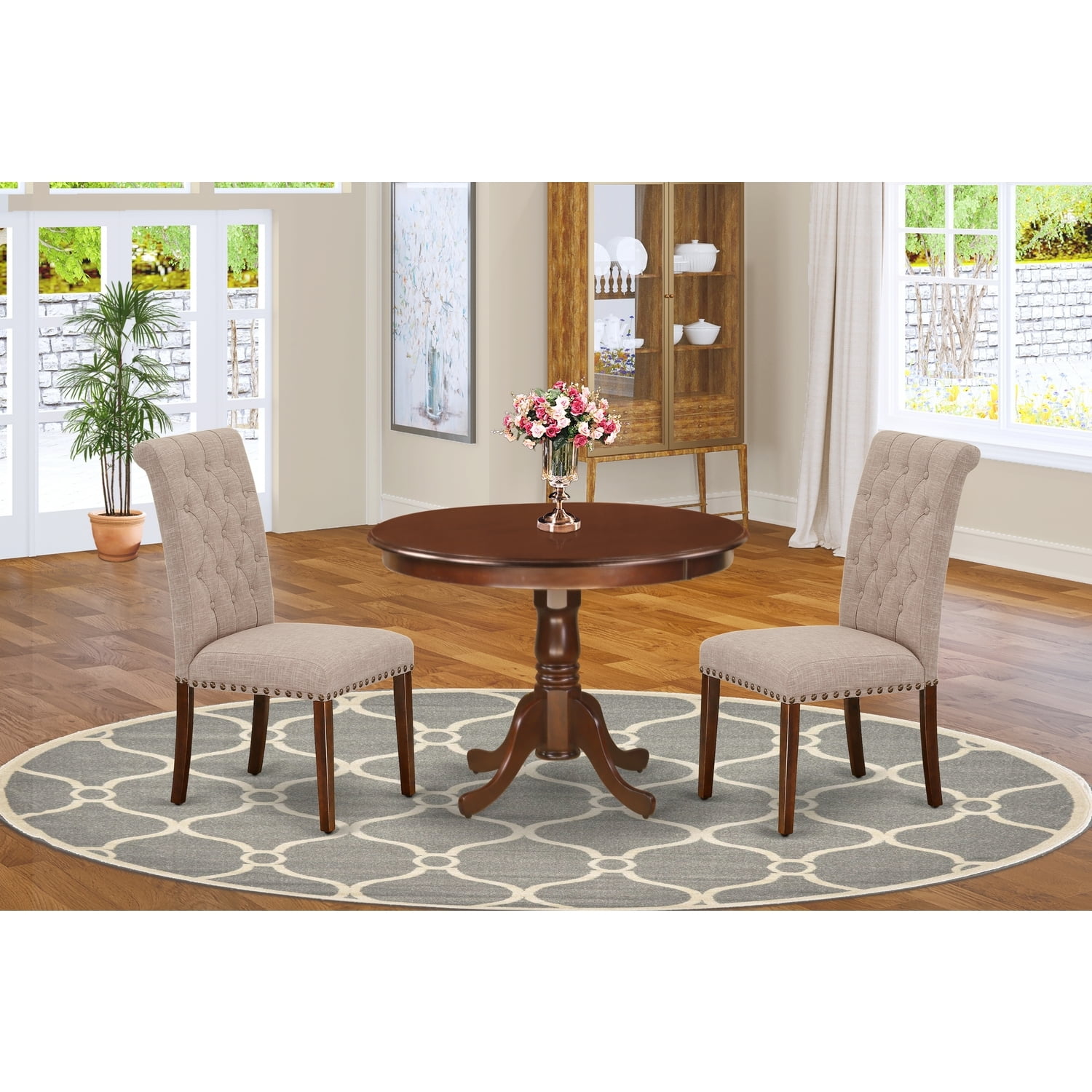 Mahogany Round Pedestal Dining Table with 2 Light Tan Linen Chairs