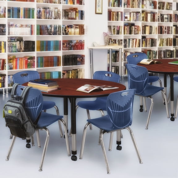 HomeStock Artisanal Abode 48" Round Height Adjustable Mobile Classroom Table in Cherry Providing Smooth Rolling Capability and Classroom Functionality