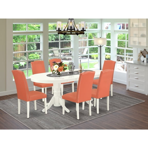 Dining Room Set 7Pc Table & Chairs Pink Flamingo Linen White Legs Modern Design