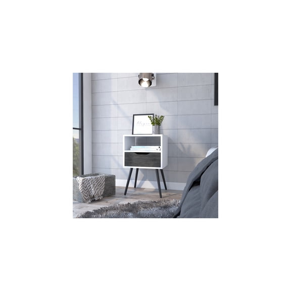 HomeStock Artisanal Abode Nightstand Superior Top One Open Shelf One Drawer Four Legs Finish Smokey Oak White Material Laminate 24.8" x 13.78" x 15.75"