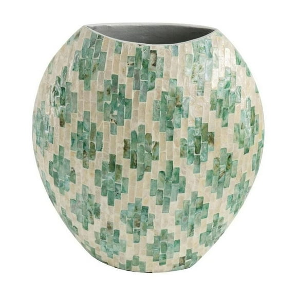 Capiz Vase - Green & Tan Patterned Accent Decor - 13" Tall Bohemian Table Vase
