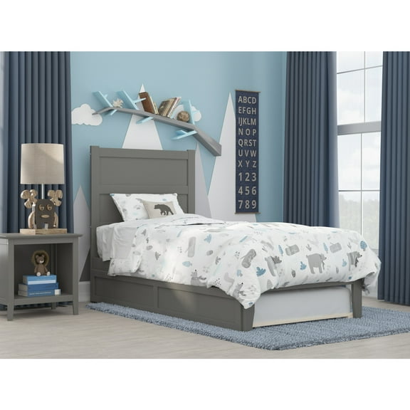 Twin Bed with Trundle - Grey Platform Bed Frame - Modern Design - Space Saving - HomeStock