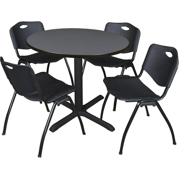 HomeStock Artisanal Artistry 36" Round Breakroom Table- Grey & 4 'M' Stack Chairs- Black, Ideal for Cafeterias, Dining, and Office Spaces