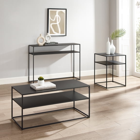 HomeStock Artisanal Artistry 3-Piece Metal Coffee Table Set, Matte Black - Coffee Table, Console Table, & End Table, Industrial Style Living Room Table Set, Contemporary Coffee Table Set