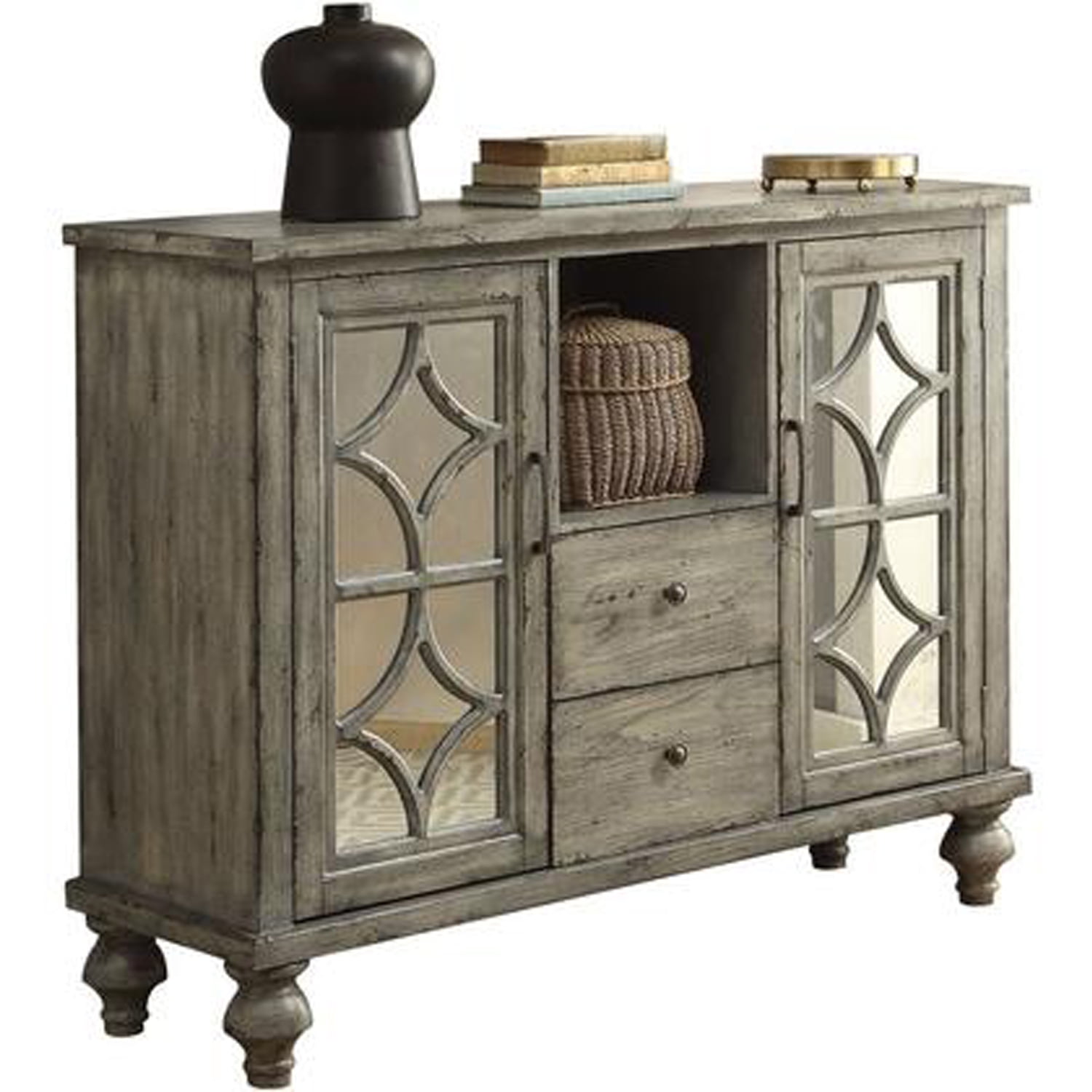 Weathered Gray Mirrored Console Table with Diamond Trim Inlay