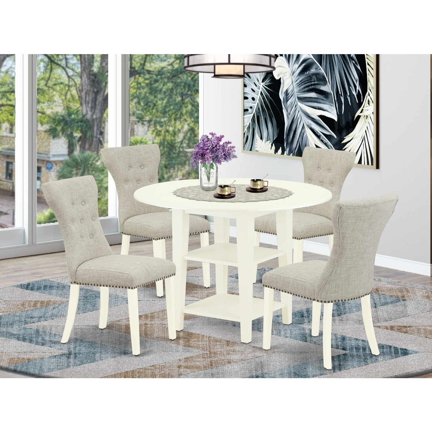 Linen White Solid Wood Round Dining Set with Gray Upholstered Chairs