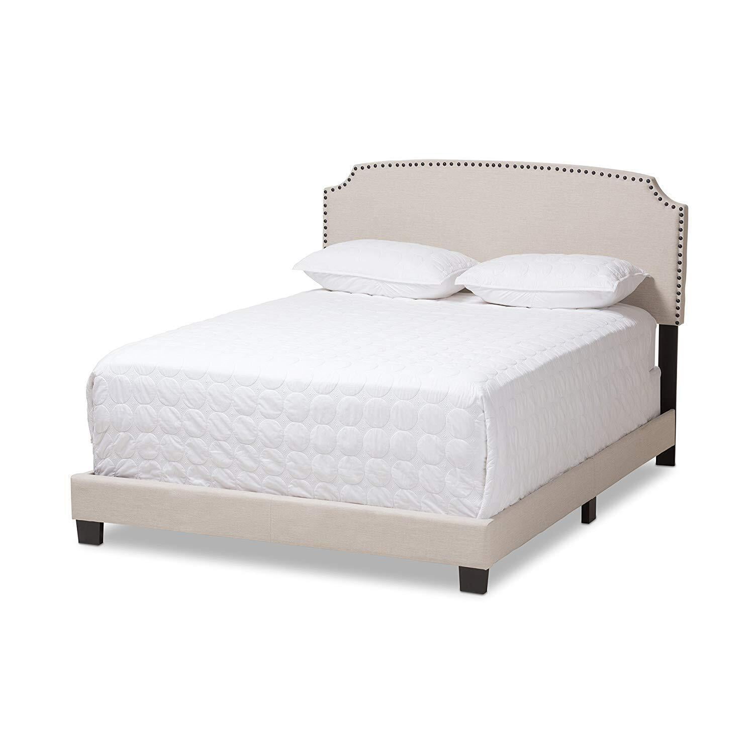 Queen Bed Frame Upholstered Beige Modern Nailhead Trim Headboard