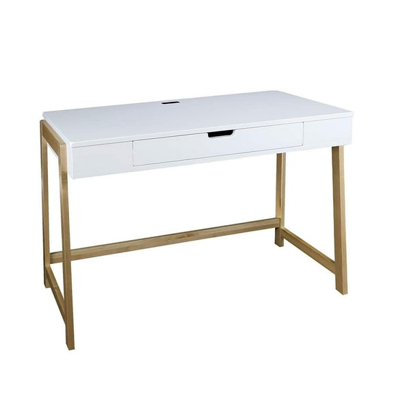 Modern Desk with USB Ports - 42" Wide Computer Writing Table, American Maple Legs, Spacious Drawer