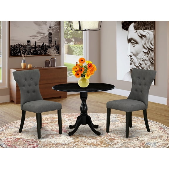 HomeStock Artisanal Attic 3 Piece Dining Set Contains 1 Drop Leaves Table And 2 Dark Gotham Grey Linen Fabric Dining Chairs Button Tufted Back With Nail Heads Wire Brushed Black Finish