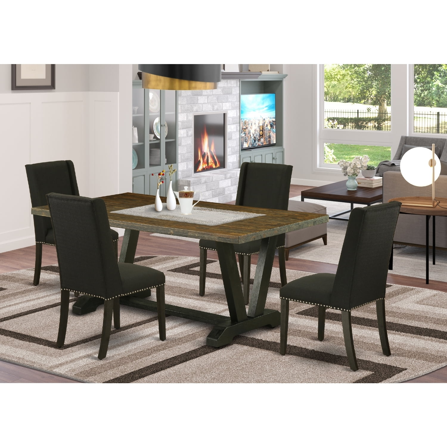 Elegant Wire Brushed Black Wood Dining Table with 4 Linen Chairs