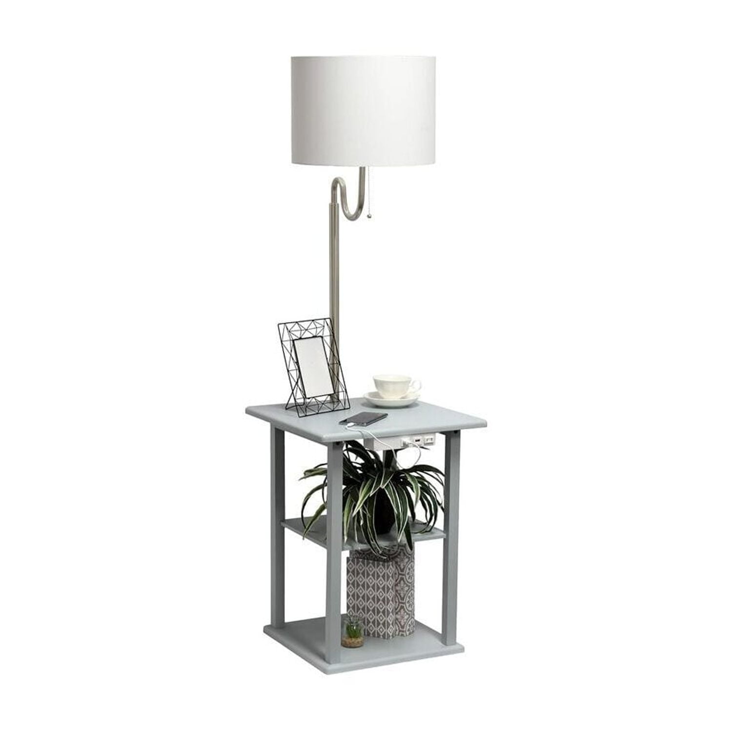 HomeStock Artisanal Attic 57" Modern 2 Tier End Table Floor Lamp Combination with 2 x USB Charging Ports & Power Outlet with White Drum Fabric Shade for Bedroom, Living Room, Dorm, Dining Room, Gray