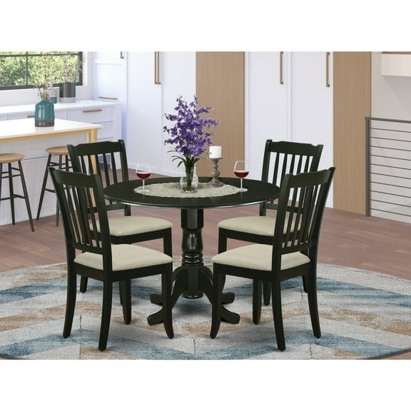 HomeStock Artisanal Attic 5Pc Dining Set Includes A Round Dinette Table With Drop Leaves And Four Vertical Slatted Linen Seat Kitchen Chairs, Black Finish