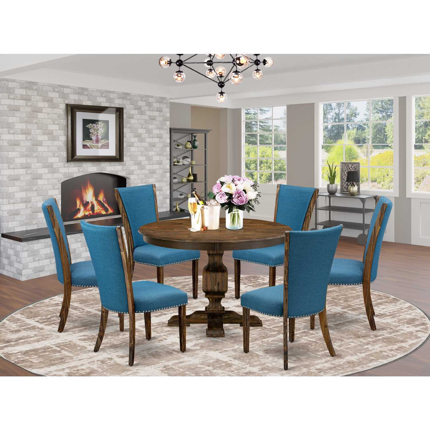 HomeStock Artisanal Attic 7Pc Dinette Set Mid Century Modern Pedestal Dining Table And 6 Blue Color Parson Chairs With High Back Distressed Jacobean