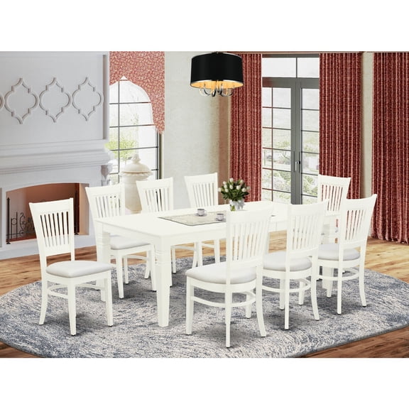 HomeStock Artisanal Attic Small Size 9-Pc Kitchen Dining Table Set-8 Wooden Chairs -A Butterfly Leaf Breakfast Table With Rectangular Top And 4 Legs and Slatted Back - Linen White Finish