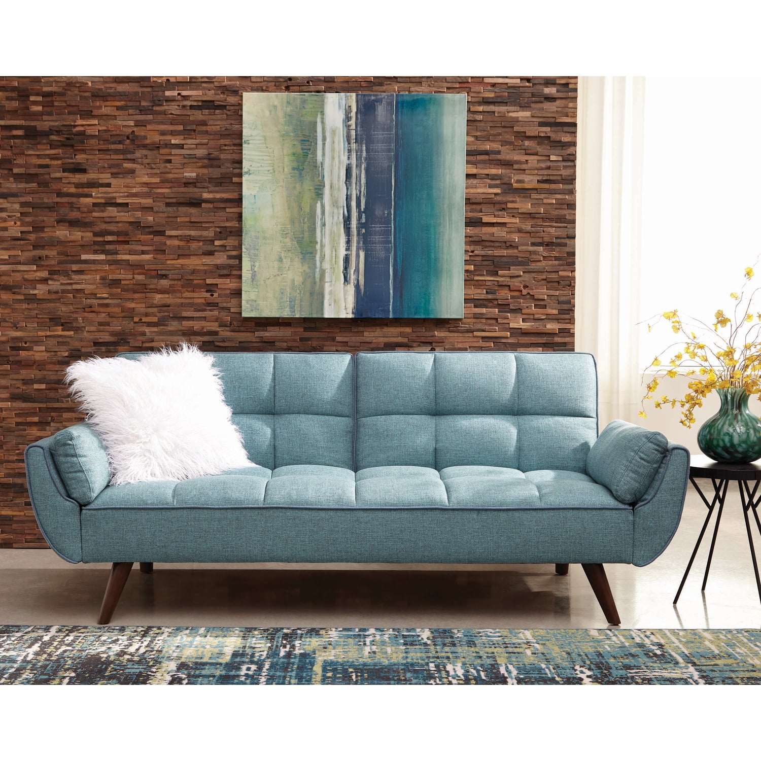 Biscuit Tufted Sofa Bed - Turquoise Blue Upholstered Sleeper Sofa with Accent Pillow - Stylish Living Room Furniture
