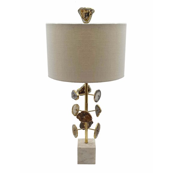 Brass Table Lamp with Drum Shade - Polished Brass & Agate White Finish - Modern Design