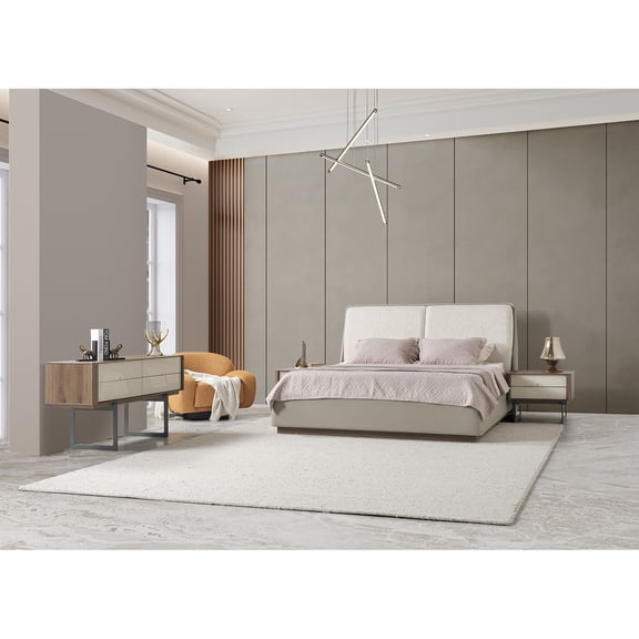 HomeStock Artisanal Attic Romina Bed King, Fully Upholstered, Light Grey Faux Leather, Split Headboard Design in Light Grey Fabric TCA-LNSLV18-F-LGRY.