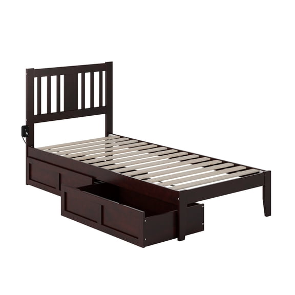 HomeStock Artisanal Attic Twin XL Bed with 2 Drawers in Espresso - 38.38" x 81.5" x 41.38", Solid Wood, Slat Kit, USB Charging Station, No Box Spring Required