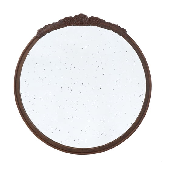 HomeStock Artistic Accomplishment Round Mirror - 29.5" x 2" x 30" - Brown - Antique Style Mirror with Hand-Carved Rose Detailing - Elegant Addition to Classic Decor