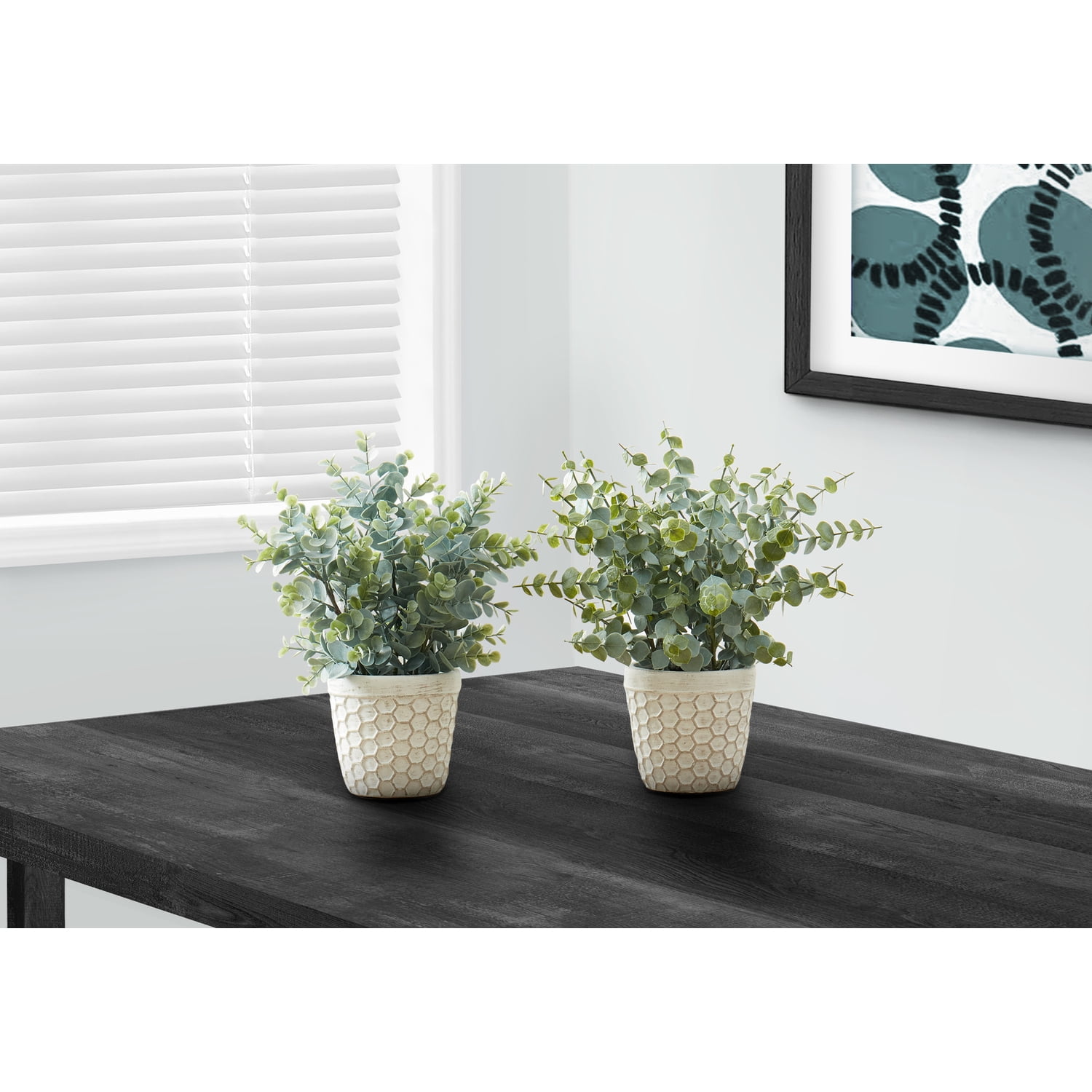 Set of 2 Green Faux Eucalyptus Grass in White Cement Pots
