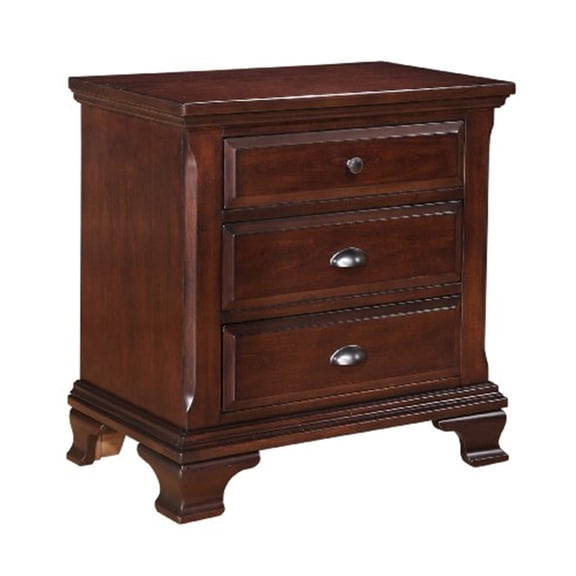 HomeStock Asian Aesthetics 3 Drawer Nightstand With Antique Pewter Hardware, Felt-Line Top Drawer, 17.00 x 28.00 x 28.00 Inch, Modern Contemporary Nightstand, Deep Cherry Finish